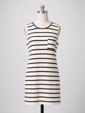 Three Dots Stretch Knit Tank Dress Sleeveless Striped Cream Black Pink M NWT
